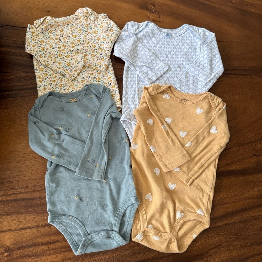Carter's Set of 4 Long Sleeve Floral Heart Blue Yellow Bodysuits 18M